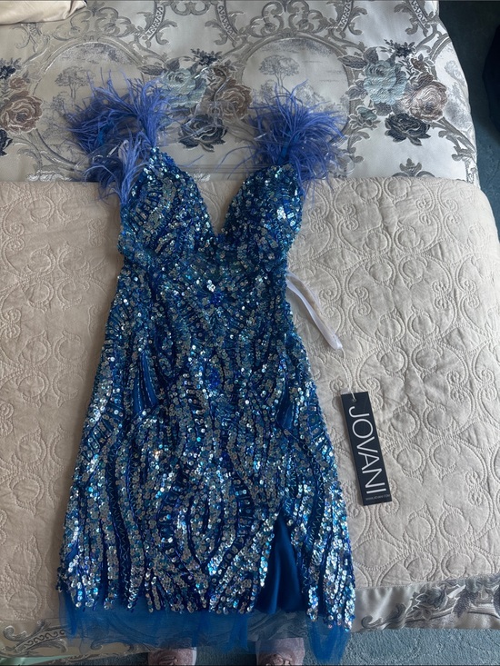 Jovani Dresses & Skirts - Jovani Blue Sequin Mini Dress with Feather Straps